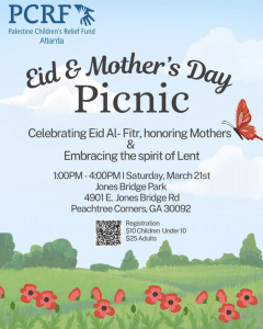 Poster for PCRF's Eid & Mother's Day Picnic. Text with event information overlays an illustration of a flower field.