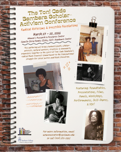 Conference poster on notebook paper background. Title reads: 'The Toni Cade Bambara Scholar-Activism Conference: Radical Activisms & Irresistible Revolutions.' Dates: March 27-28, 2026. The event features roundtables, presentations, films, panels, workshops, and performances. Includes vintage photos of Toni Cade Bambara, with a focus on social justice and Black liberation. Contact information at the bottom with Spelman College logos.