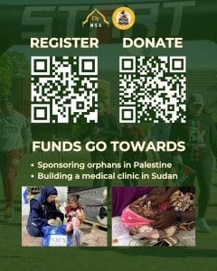 Flyer for "5K for Palestine & Sudan" with QR codes for registration and donation, and information about supporting orphans in Palestine and building a clinic in Sudan. Includes two photos: a woman helping a child and an infant receiving medicine.