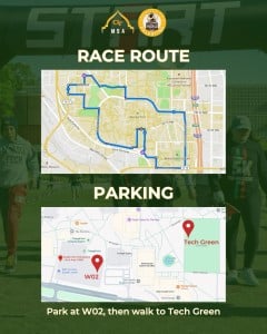 Promotional graphic for "5K for Palestine & Sudan" with the race route and parking maps for Georgia Tech.