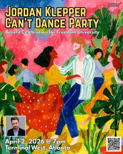 Poster for "Jordan Klepper Can't Dance Party" featuring a colorful illustration of people dancing, with event details at the bottom.
