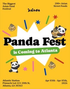 Vibrant poster for "Panda Fest" with cartoon pandas and event details on a yellow background.